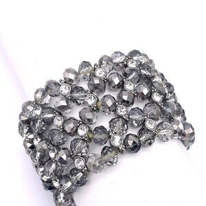 Beaded Rhinestone Stretch Chunky Cuff Bracelet Silver Tone
